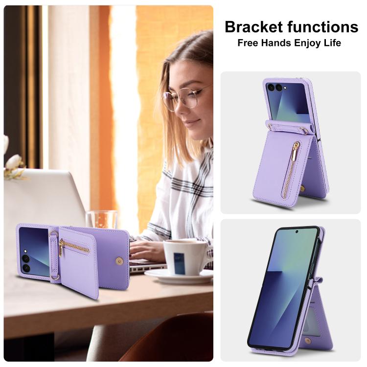 For Samsung Galaxy Z Flip7 5G Zipper Wallet Card Slot Leather Phone Case with Crossbody Strap