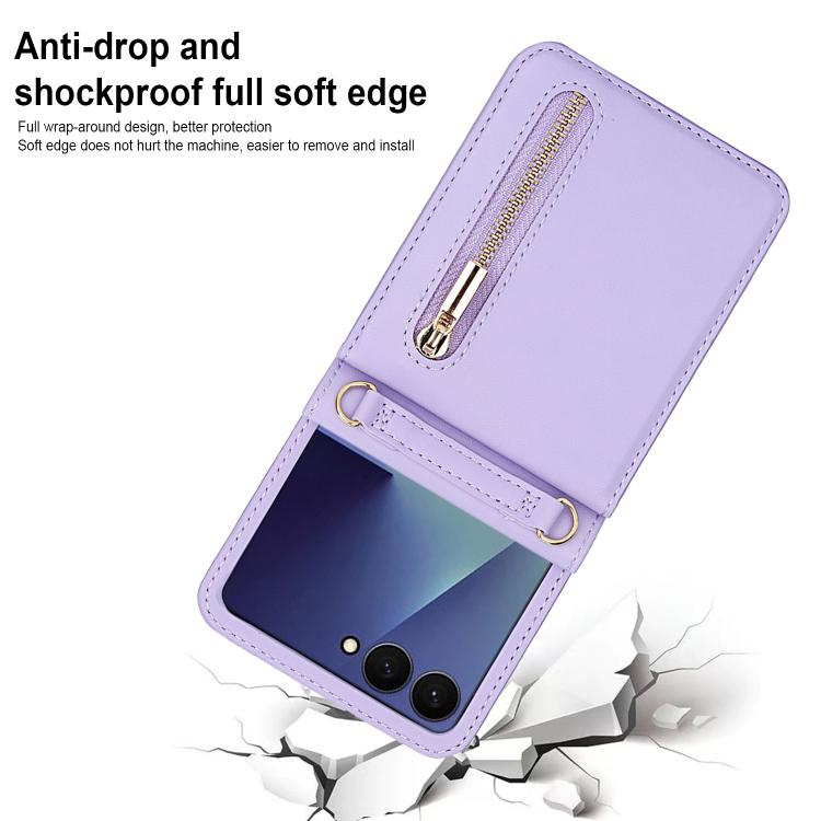 For Samsung Galaxy Z Flip7 5G Zipper Wallet Card Slot Leather Phone Case with Crossbody Strap