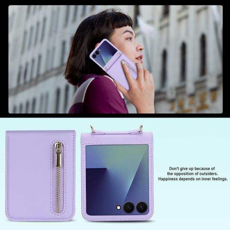 For Samsung Galaxy Z Flip7 5G Zipper Wallet Card Slot Leather Phone Case with Crossbody Strap
