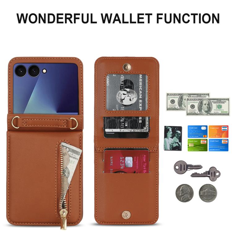 For Samsung Galaxy Z Flip7 5G Zipper Wallet Card Slot Leather Phone Case with Crossbody Strap
