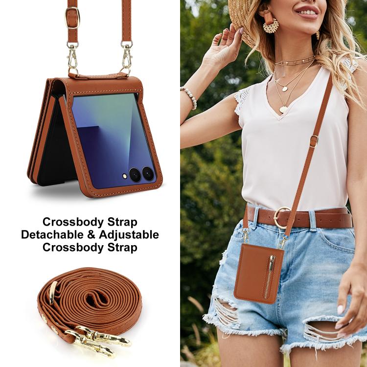 For Samsung Galaxy Z Flip7 5G Zipper Wallet Card Slot Leather Phone Case with Crossbody Strap