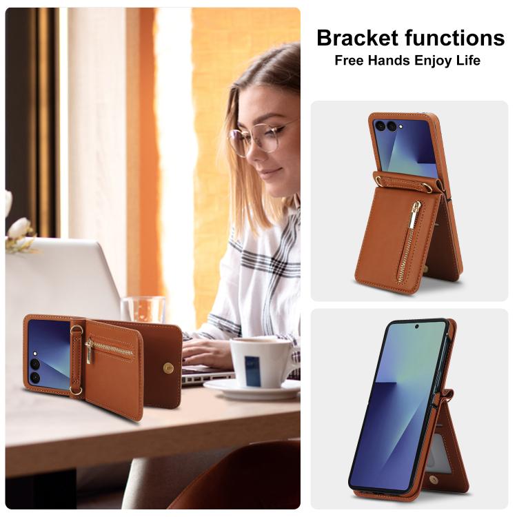 For Samsung Galaxy Z Flip7 5G Zipper Wallet Card Slot Leather Phone Case with Crossbody Strap