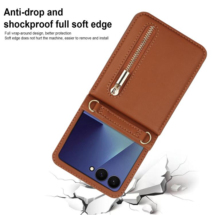 For Samsung Galaxy Z Flip7 5G Zipper Wallet Card Slot Leather Phone Case with Crossbody Strap