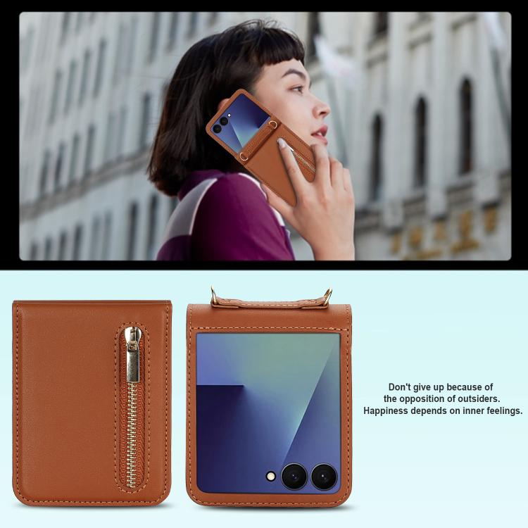 For Samsung Galaxy Z Flip7 5G Zipper Wallet Card Slot Leather Phone Case with Crossbody Strap