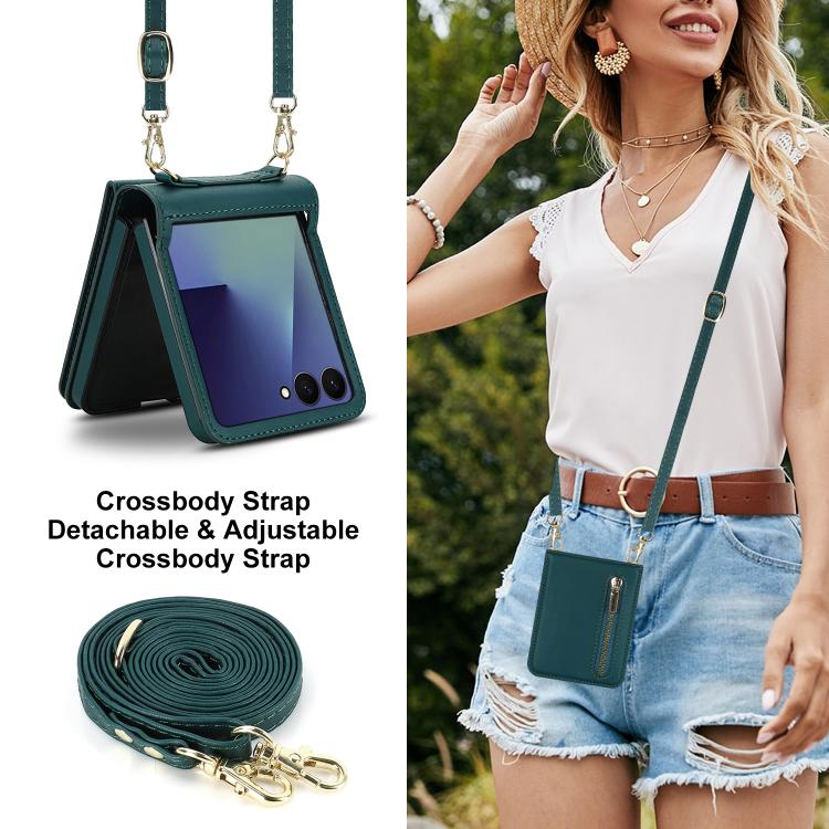 For Samsung Galaxy Z Flip7 5G Zipper Wallet Card Slot Leather Phone Case with Crossbody Strap