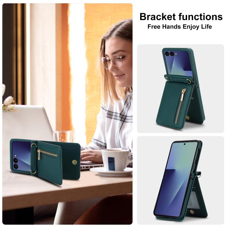 For Samsung Galaxy Z Flip7 5G Zipper Wallet Card Slot Leather Phone Case with Crossbody Strap