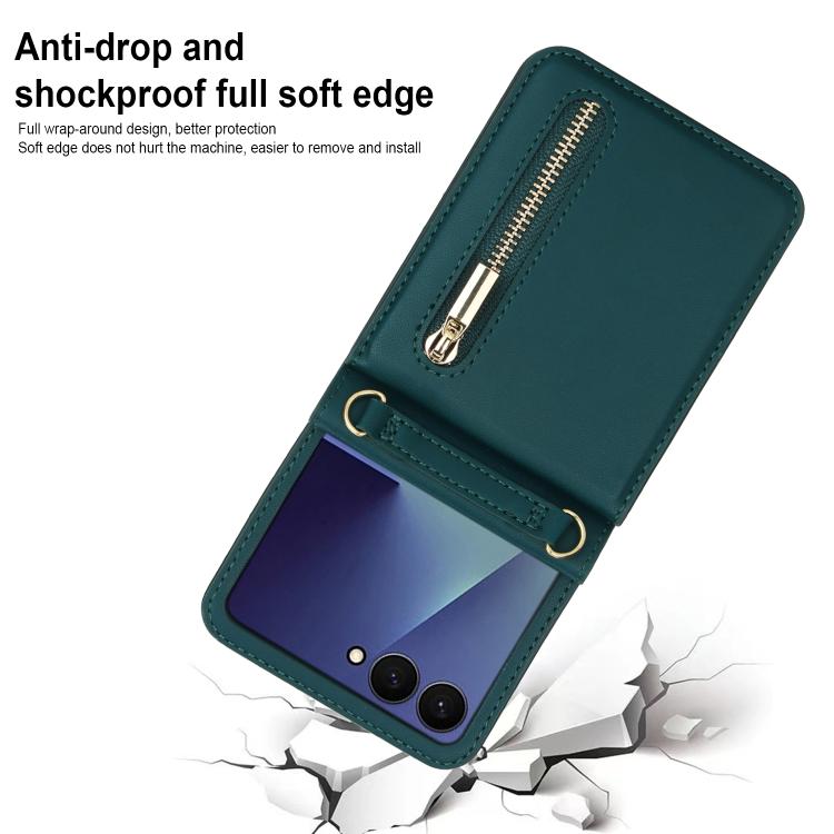 For Samsung Galaxy Z Flip7 5G Zipper Wallet Card Slot Leather Phone Case with Crossbody Strap