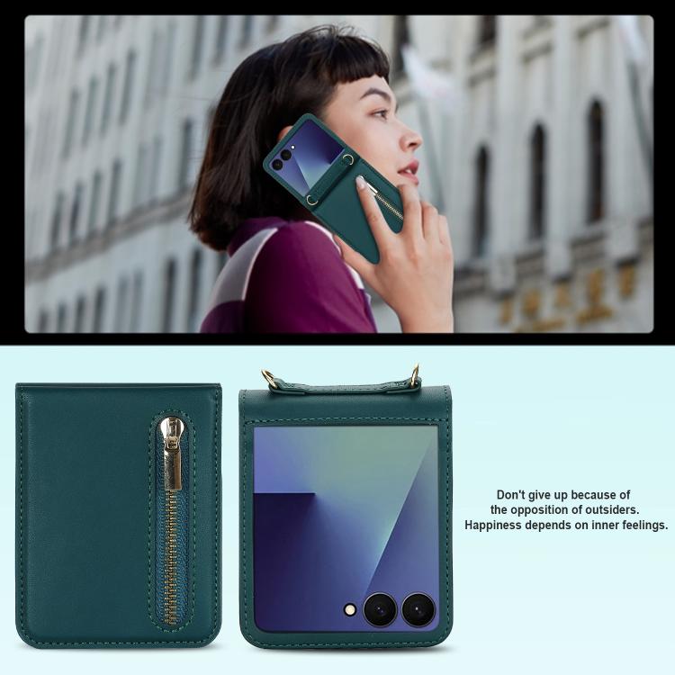 For Samsung Galaxy Z Flip7 5G Zipper Wallet Card Slot Leather Phone Case with Crossbody Strap