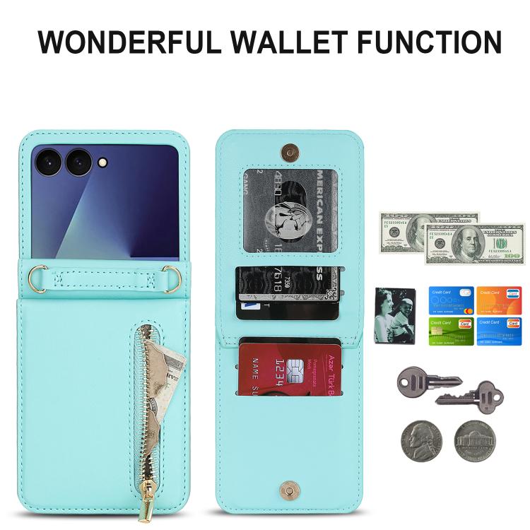 For Samsung Galaxy Z Flip7 5G Zipper Wallet Card Slot Leather Phone Case with Crossbody Strap