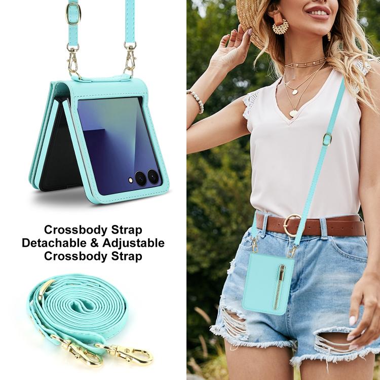 For Samsung Galaxy Z Flip7 5G Zipper Wallet Card Slot Leather Phone Case with Crossbody Strap