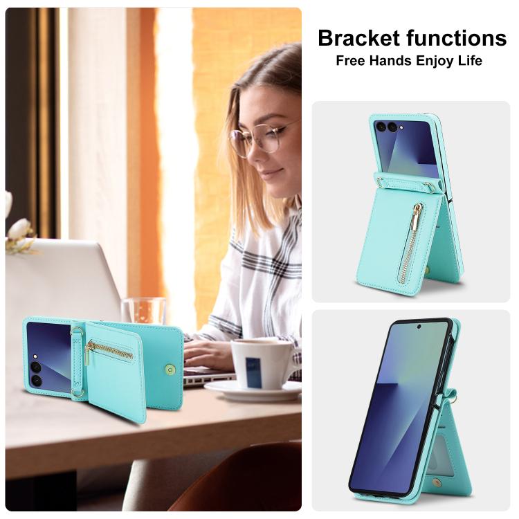 For Samsung Galaxy Z Flip7 5G Zipper Wallet Card Slot Leather Phone Case with Crossbody Strap