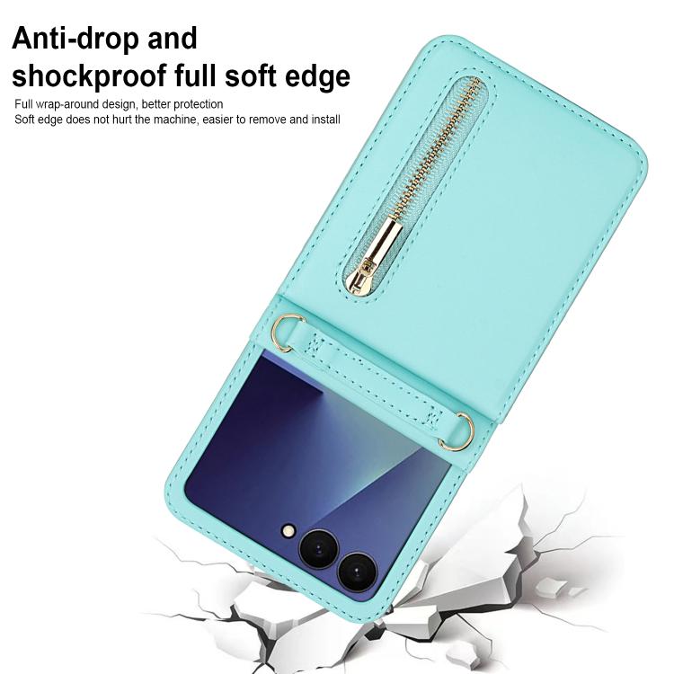 For Samsung Galaxy Z Flip7 5G Zipper Wallet Card Slot Leather Phone Case with Crossbody Strap