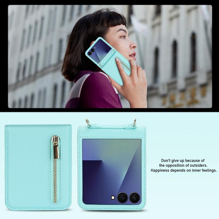 For Samsung Galaxy Z Flip7 5G Zipper Wallet Card Slot Leather Phone Case with Crossbody Strap