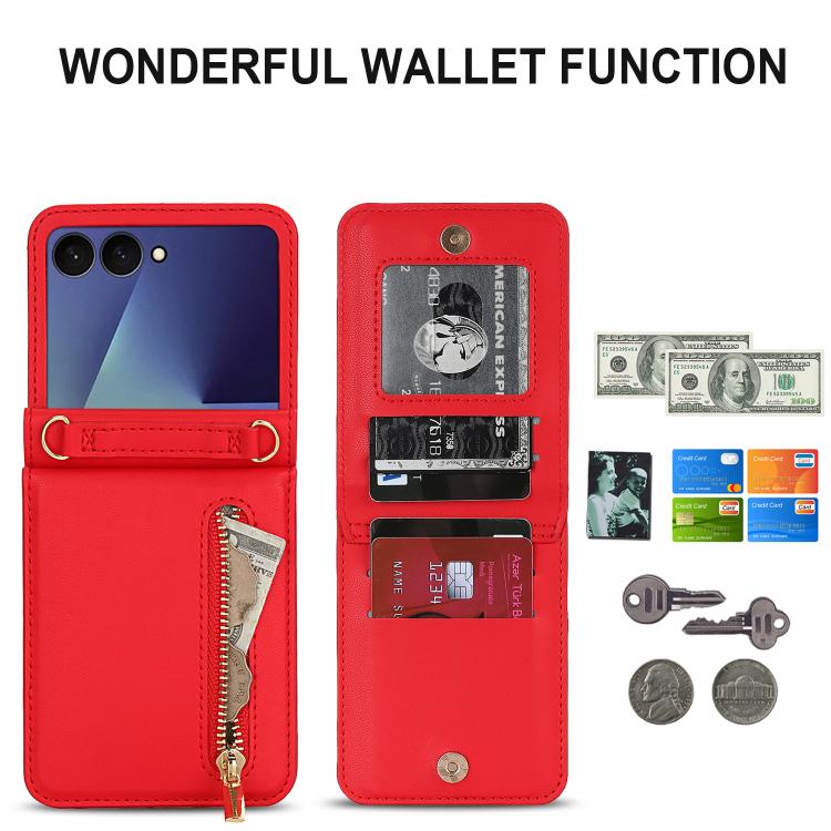 For Samsung Galaxy Z Flip7 5G Zipper Wallet Card Slot Leather Phone Case with Crossbody Strap