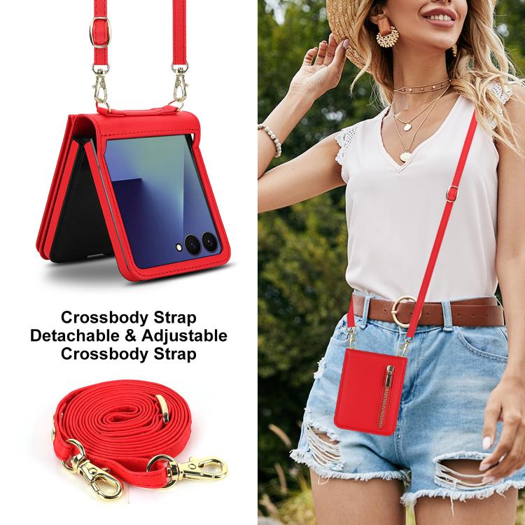 For Samsung Galaxy Z Flip7 5G Zipper Wallet Card Slot Leather Phone Case with Crossbody Strap