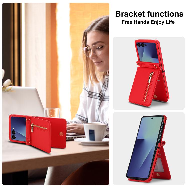 For Samsung Galaxy Z Flip7 5G Zipper Wallet Card Slot Leather Phone Case with Crossbody Strap