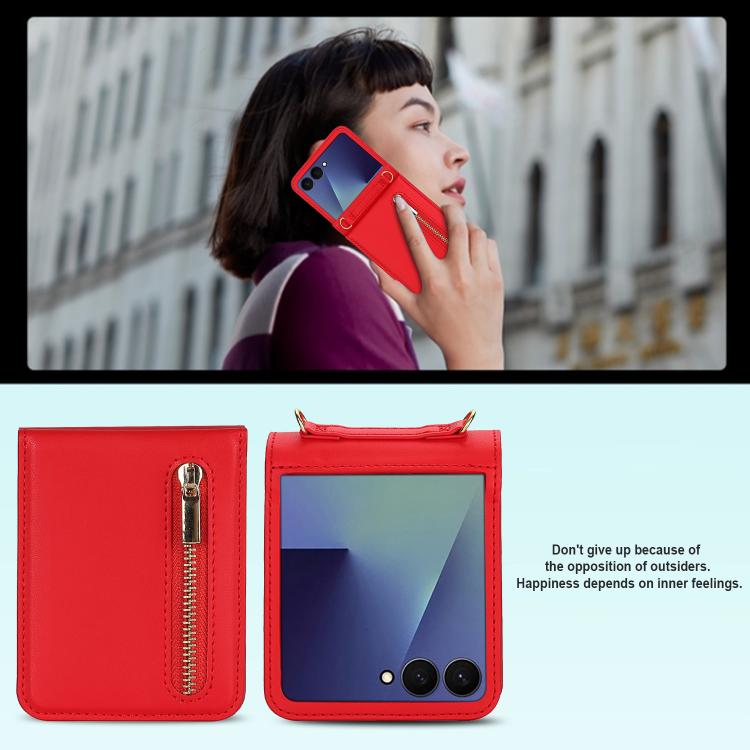 For Samsung Galaxy Z Flip7 5G Zipper Wallet Card Slot Leather Phone Case with Crossbody Strap