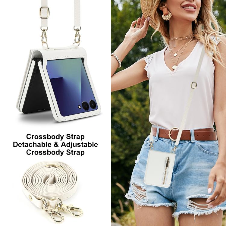 For Samsung Galaxy Z Flip7 5G Zipper Wallet Card Slot Leather Phone Case with Crossbody Strap