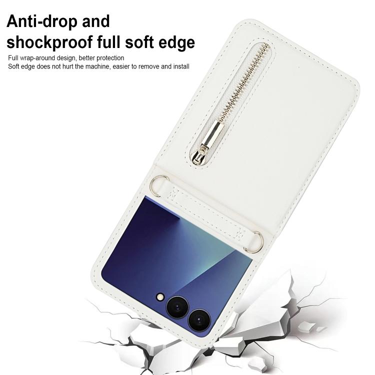 For Samsung Galaxy Z Flip7 5G Zipper Wallet Card Slot Leather Phone Case with Crossbody Strap