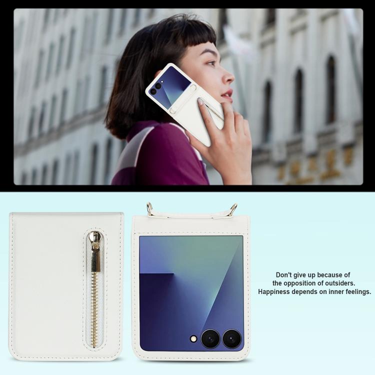 For Samsung Galaxy Z Flip7 5G Zipper Wallet Card Slot Leather Phone Case with Crossbody Strap