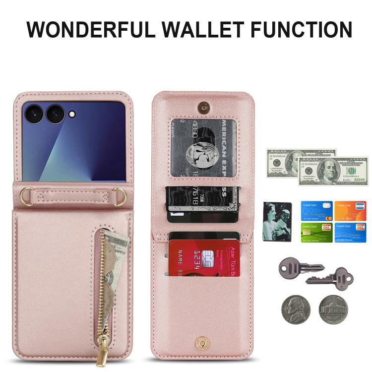 For Samsung Galaxy Z Flip7 5G Zipper Wallet Card Slot Leather Phone Case with Crossbody Strap