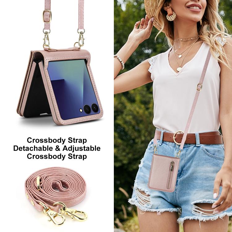 For Samsung Galaxy Z Flip7 5G Zipper Wallet Card Slot Leather Phone Case with Crossbody Strap
