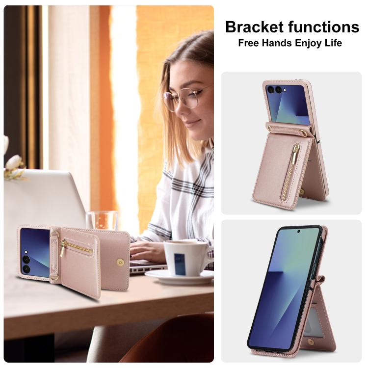 For Samsung Galaxy Z Flip7 5G Zipper Wallet Card Slot Leather Phone Case with Crossbody Strap