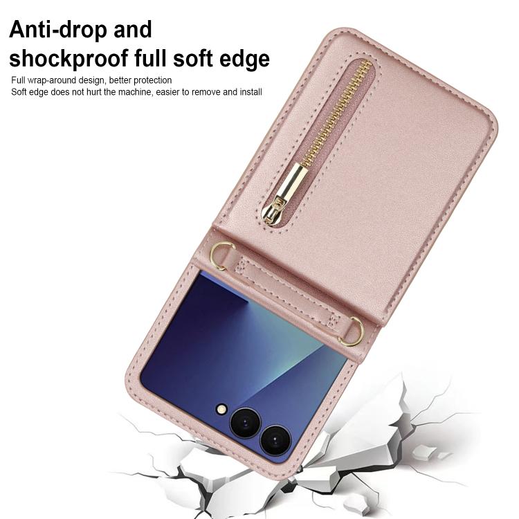 For Samsung Galaxy Z Flip7 5G Zipper Wallet Card Slot Leather Phone Case with Crossbody Strap