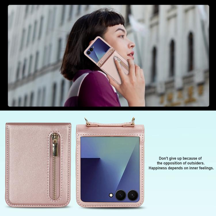 For Samsung Galaxy Z Flip7 5G Zipper Wallet Card Slot Leather Phone Case with Crossbody Strap