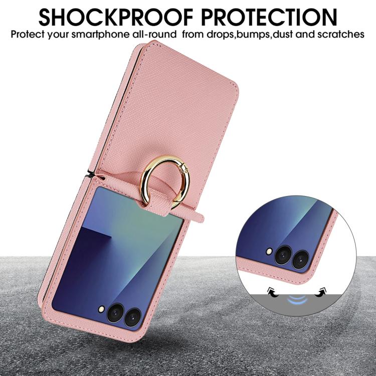 For Samsung Galaxy Z Flip7 5G Cross Texture Ring Design Card Slot Leather Phone Case