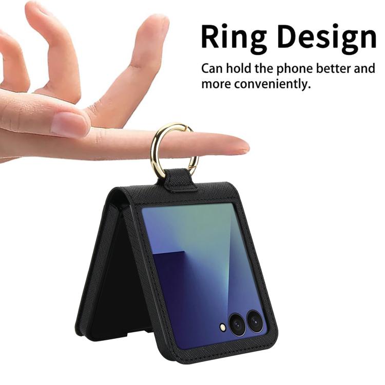 For Samsung Galaxy Z Flip7 5G Cross Texture Ring Design Card Slot Leather Phone Case