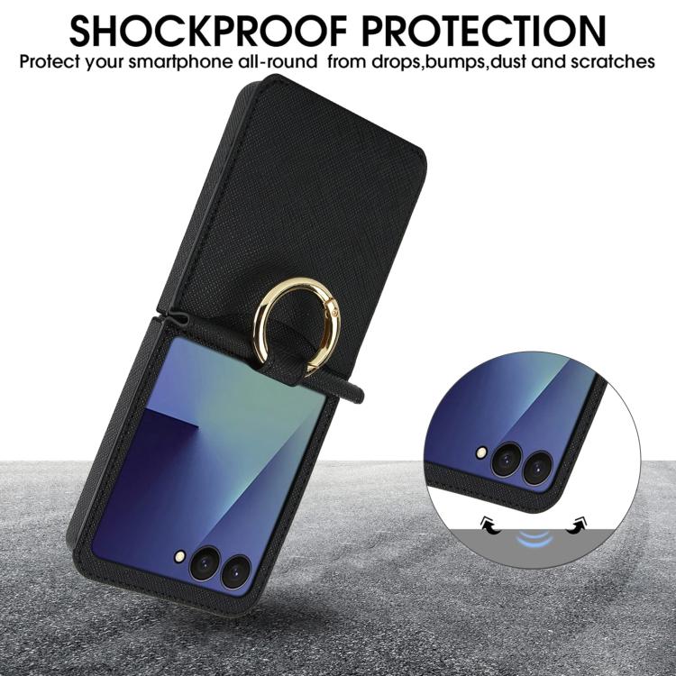 For Samsung Galaxy Z Flip7 5G Cross Texture Ring Design Card Slot Leather Phone Case