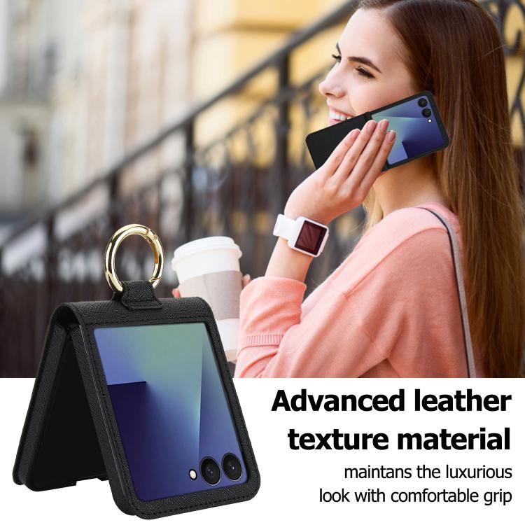 For Samsung Galaxy Z Flip7 5G Cross Texture Ring Design Card Slot Leather Phone Case