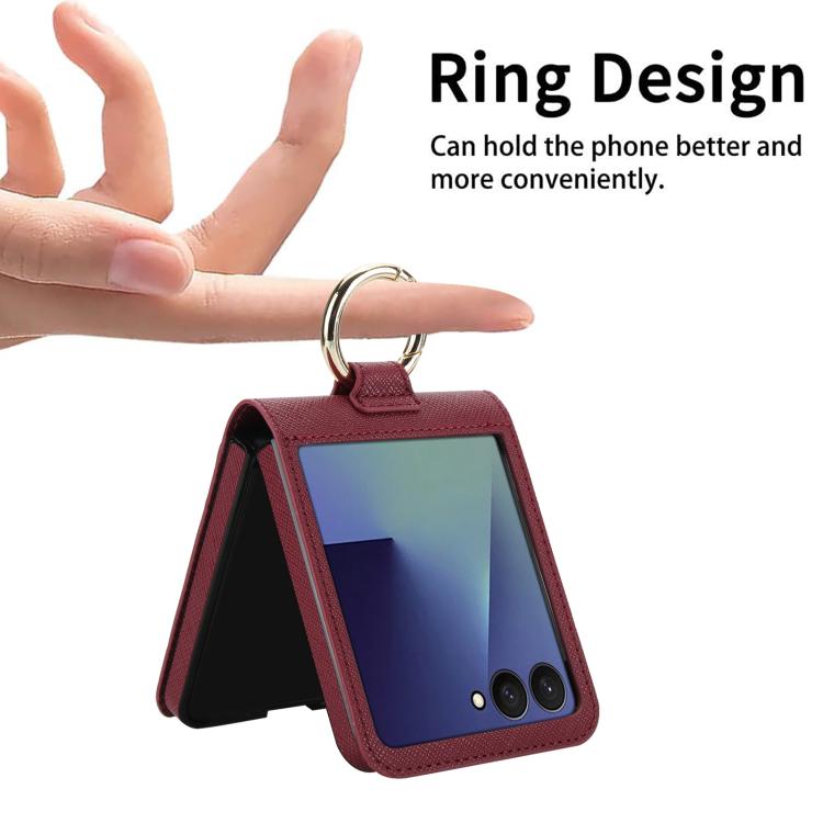 For Samsung Galaxy Z Flip7 5G Cross Texture Ring Design Card Slot Leather Phone Case