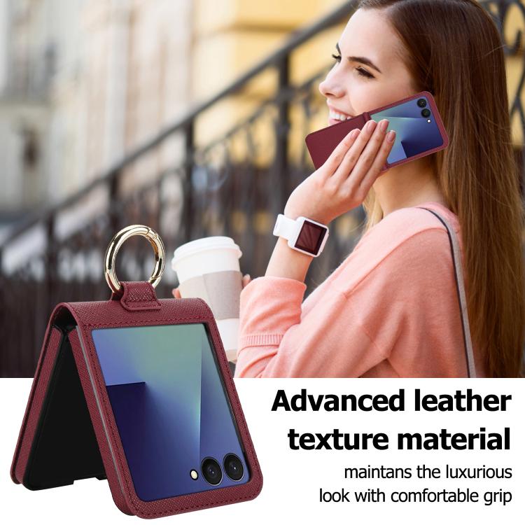 For Samsung Galaxy Z Flip7 5G Cross Texture Ring Design Card Slot Leather Phone Case