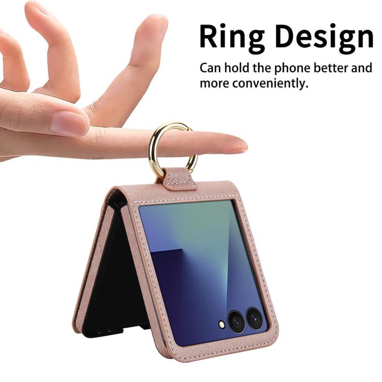 For Samsung Galaxy Z Flip7 5G Cross Texture Ring Design Card Slot Leather Phone Case