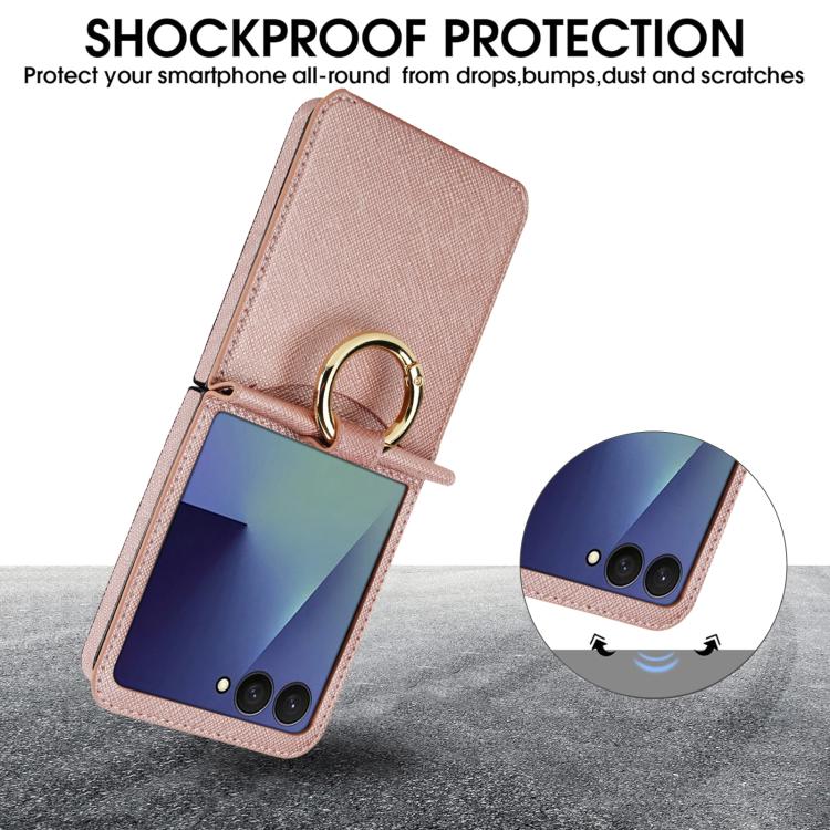 For Samsung Galaxy Z Flip7 5G Cross Texture Ring Design Card Slot Leather Phone Case