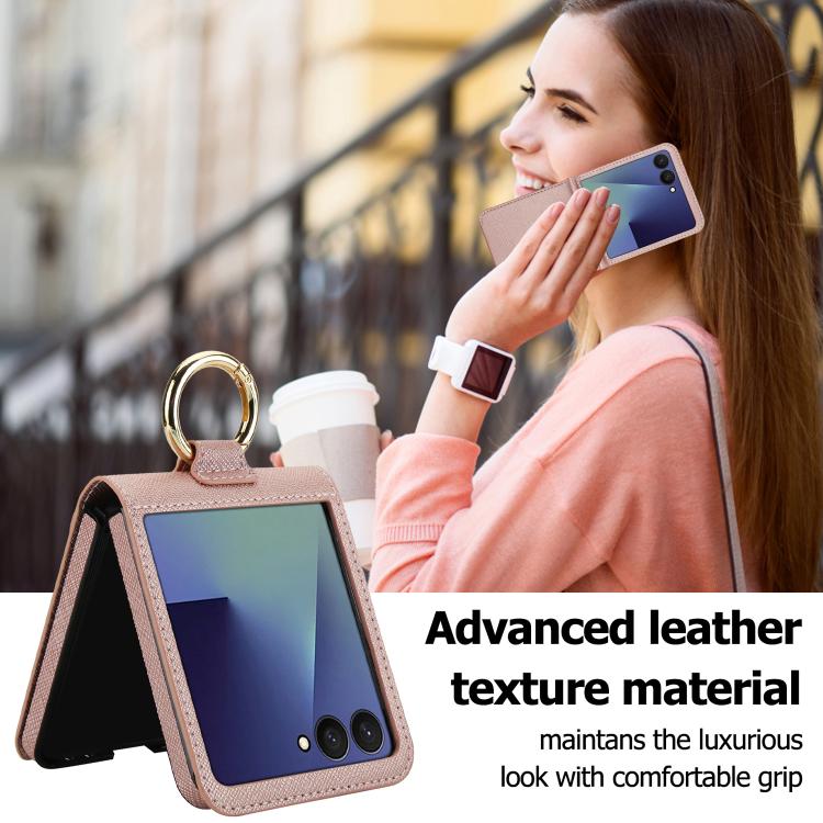 For Samsung Galaxy Z Flip7 5G Cross Texture Ring Design Card Slot Leather Phone Case