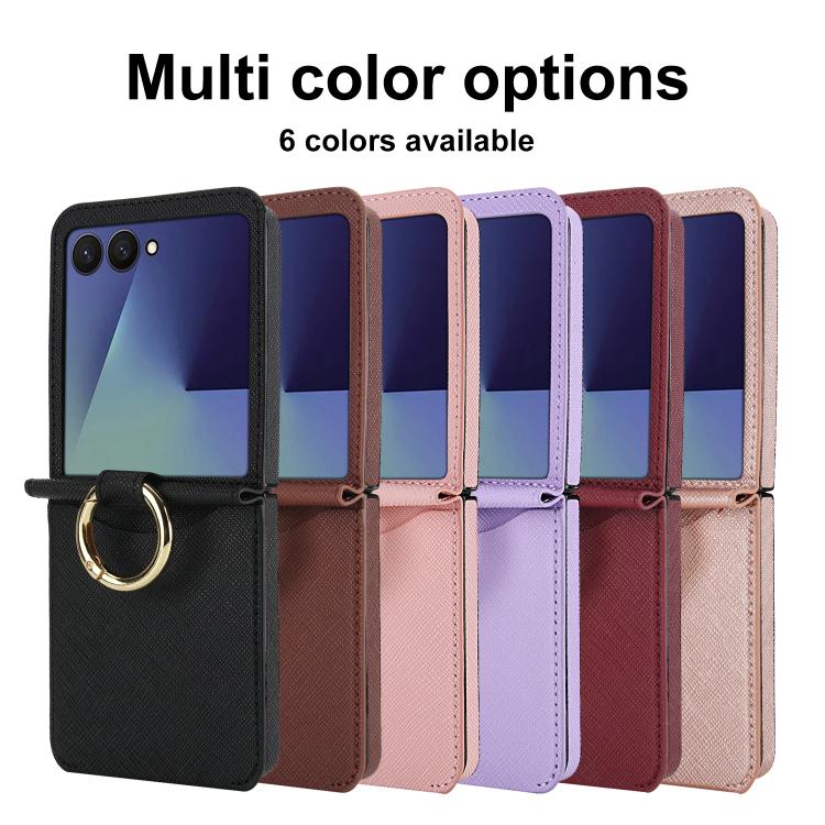 For Samsung Galaxy Z Flip7 5G Cross Texture Ring Design Card Slot Leather Phone Case