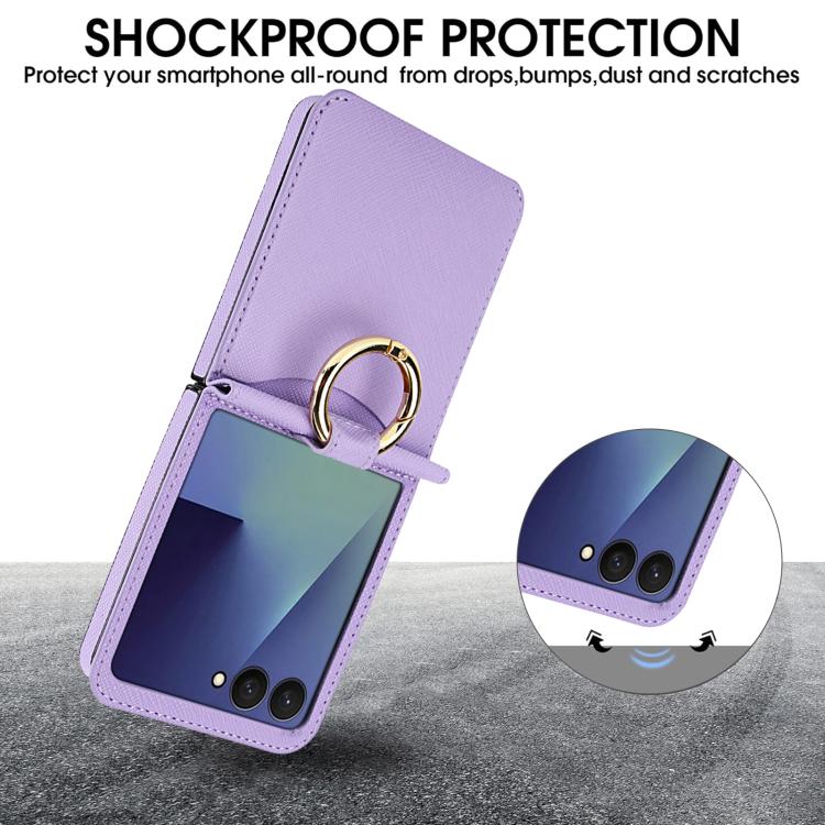 For Samsung Galaxy Z Flip7 5G Cross Texture Ring Design Card Slot Leather Phone Case