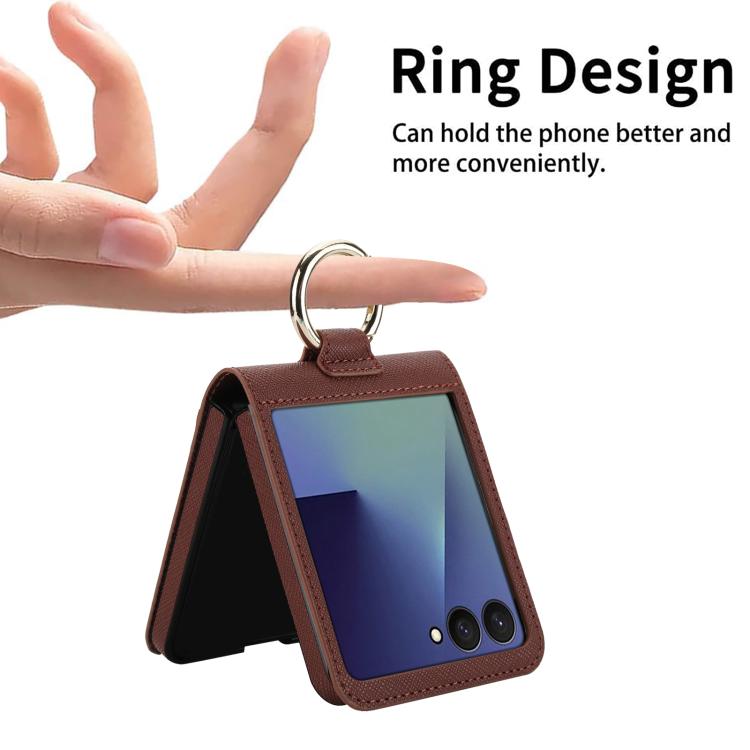 For Samsung Galaxy Z Flip7 5G Cross Texture Ring Design Card Slot Leather Phone Case