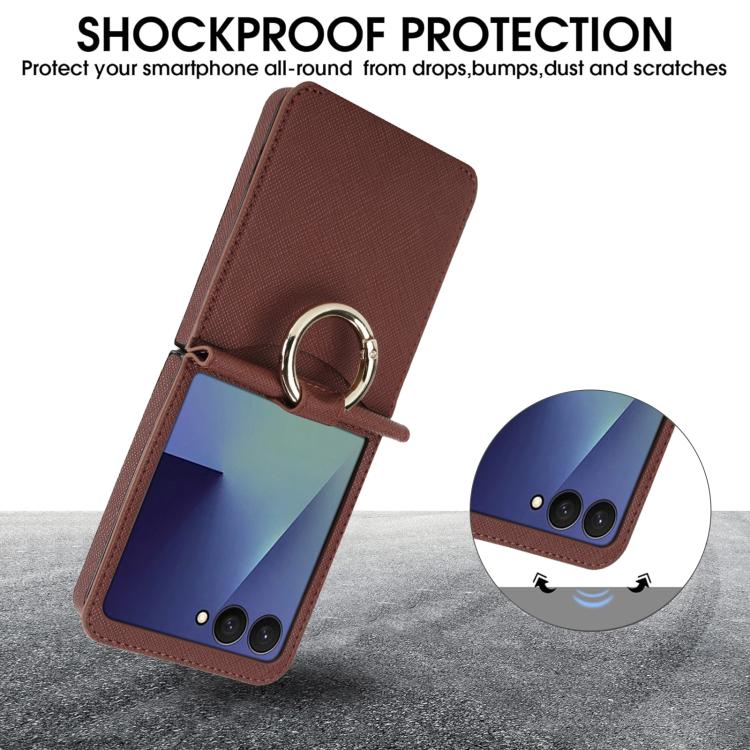 For Samsung Galaxy Z Flip7 5G Cross Texture Ring Design Card Slot Leather Phone Case