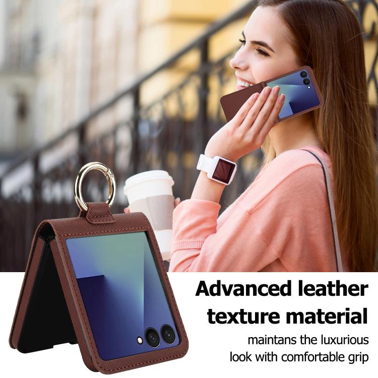 For Samsung Galaxy Z Flip7 5G Cross Texture Ring Design Card Slot Leather Phone Case