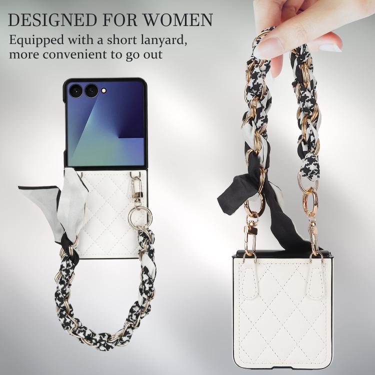 For Samsung Galaxy Z Flip7 5G Rhombic Leather Phone Case with Scarf / Bracelet