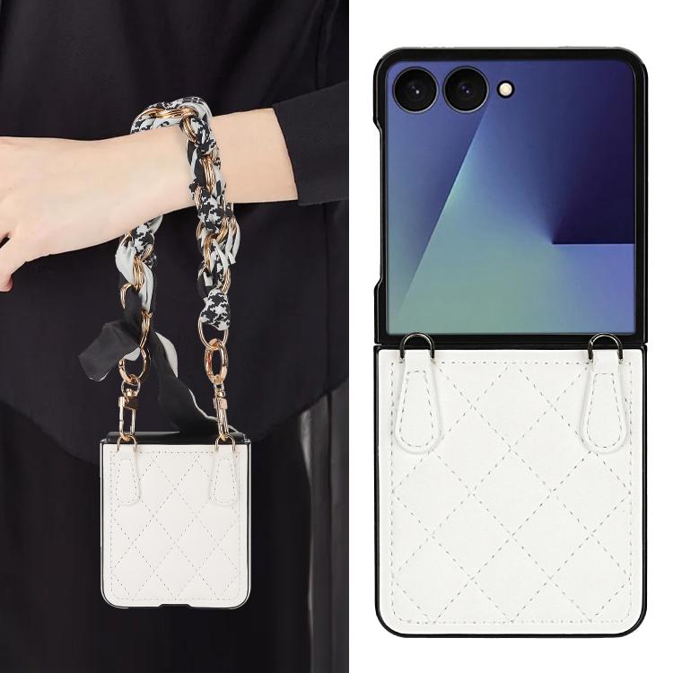 For Samsung Galaxy Z Flip7 5G Rhombic Leather Phone Case with Scarf / Bracelet