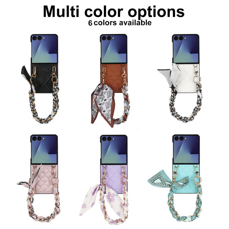 For Samsung Galaxy Z Flip7 5G Rhombic Leather Phone Case with Scarf / Bracelet
