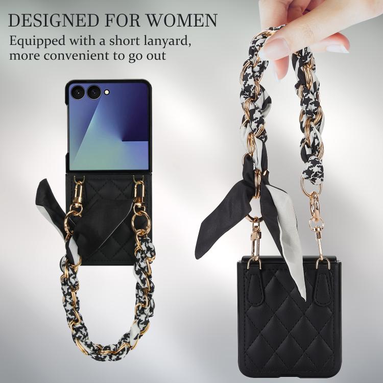 For Samsung Galaxy Z Flip7 5G Rhombic Leather Phone Case with Scarf / Bracelet