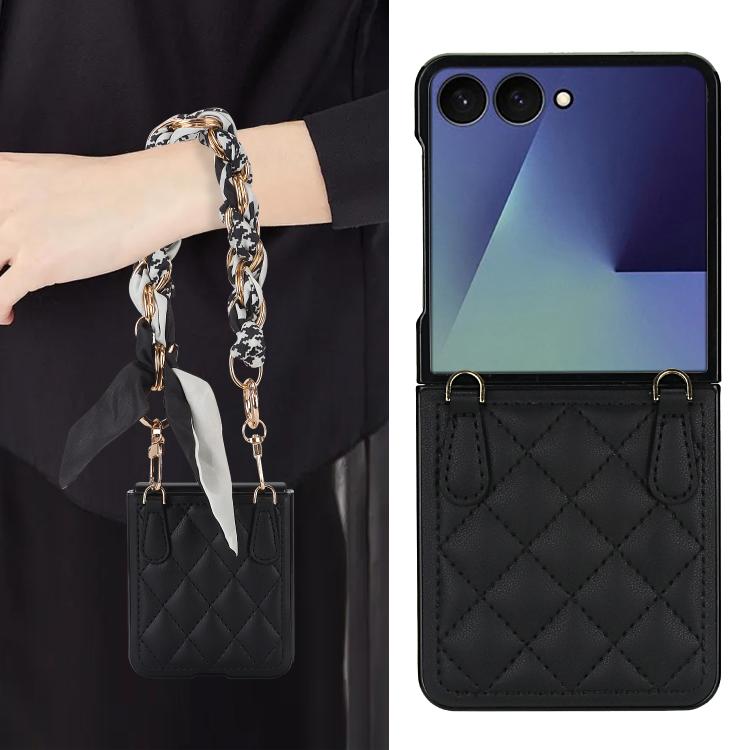 For Samsung Galaxy Z Flip7 5G Rhombic Leather Phone Case with Scarf / Bracelet