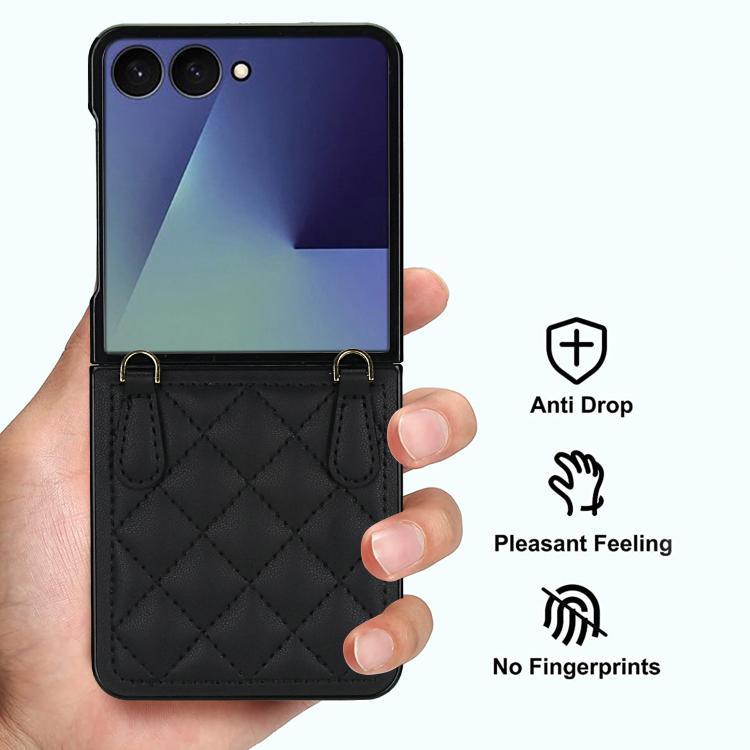For Samsung Galaxy Z Flip7 5G Rhombic Leather Phone Case with Scarf / Bracelet