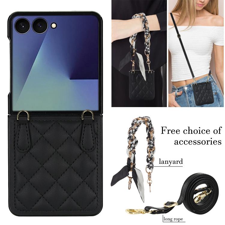 For Samsung Galaxy Z Flip7 5G Rhombic Leather Phone Case with Scarf / Bracelet